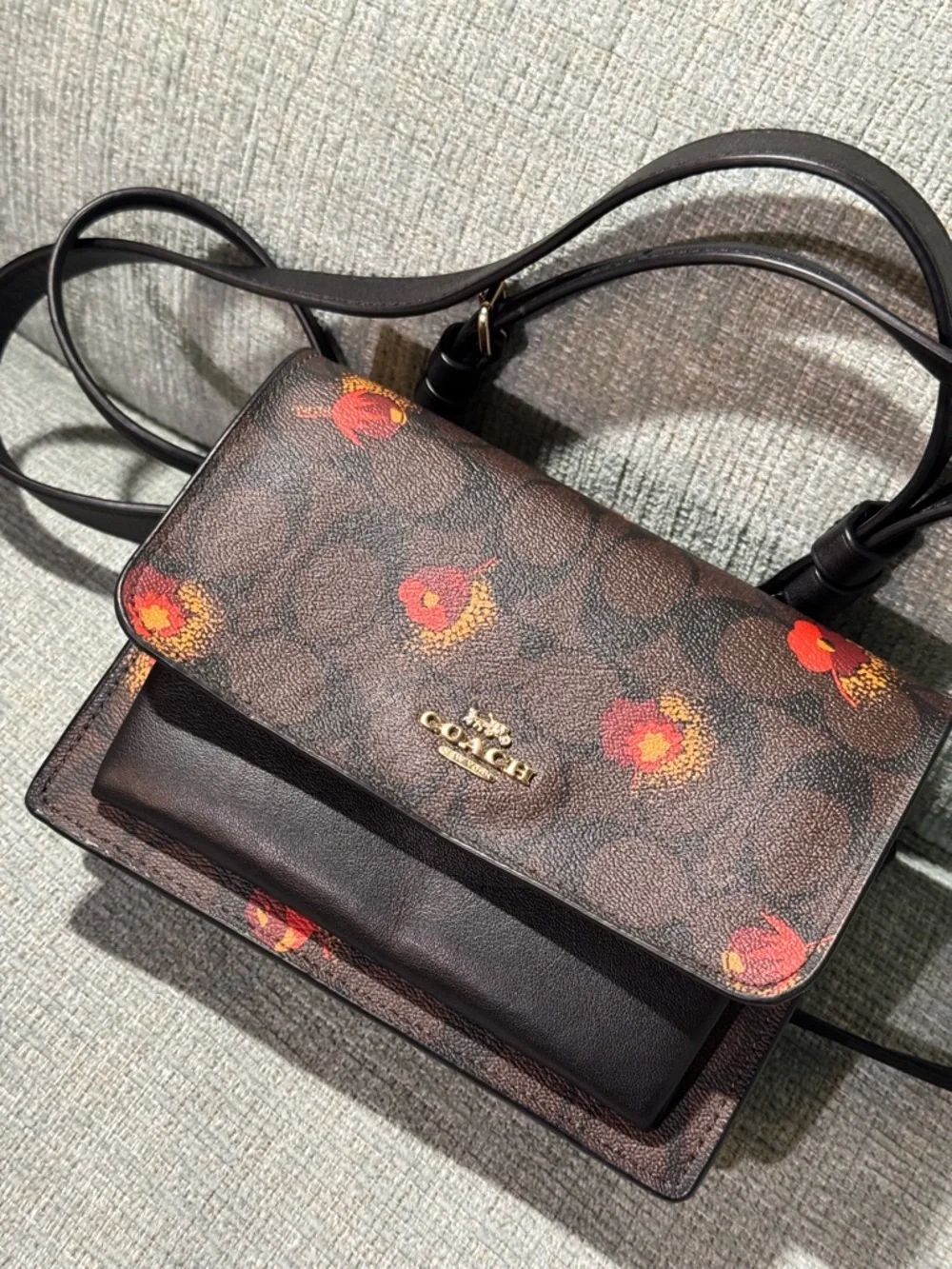 Coach Floral Signature Crossbody Bag in Brown with Red Accents